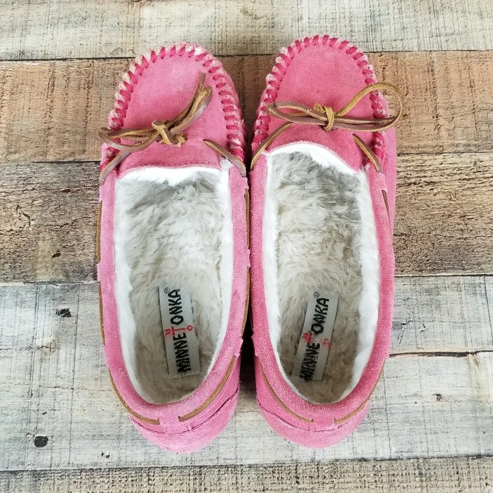 Minnetonka Pink Faux Fur Women Sz 8 Lined Suede Flats Moccasin Slippers Shoes - Picture 6 of 9